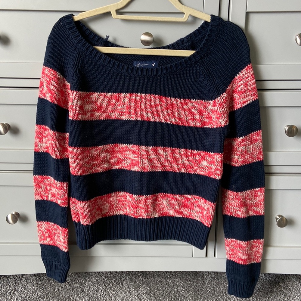 American Eagle Navy Blue & Red Striped Sweater